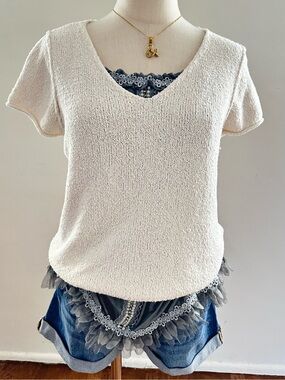 Anthropologie Ivory Bouclé Knit Sweater Tee Layered Boho Soft Girl Top XS